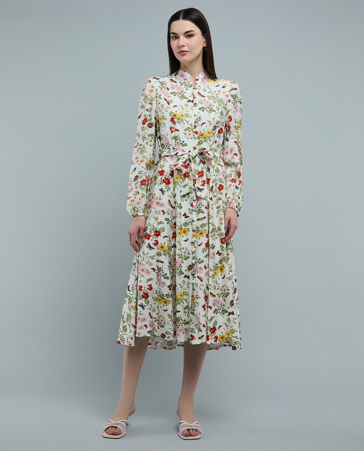 Floral Patterned Midi Dress with Stand Collar and Long Sleeves