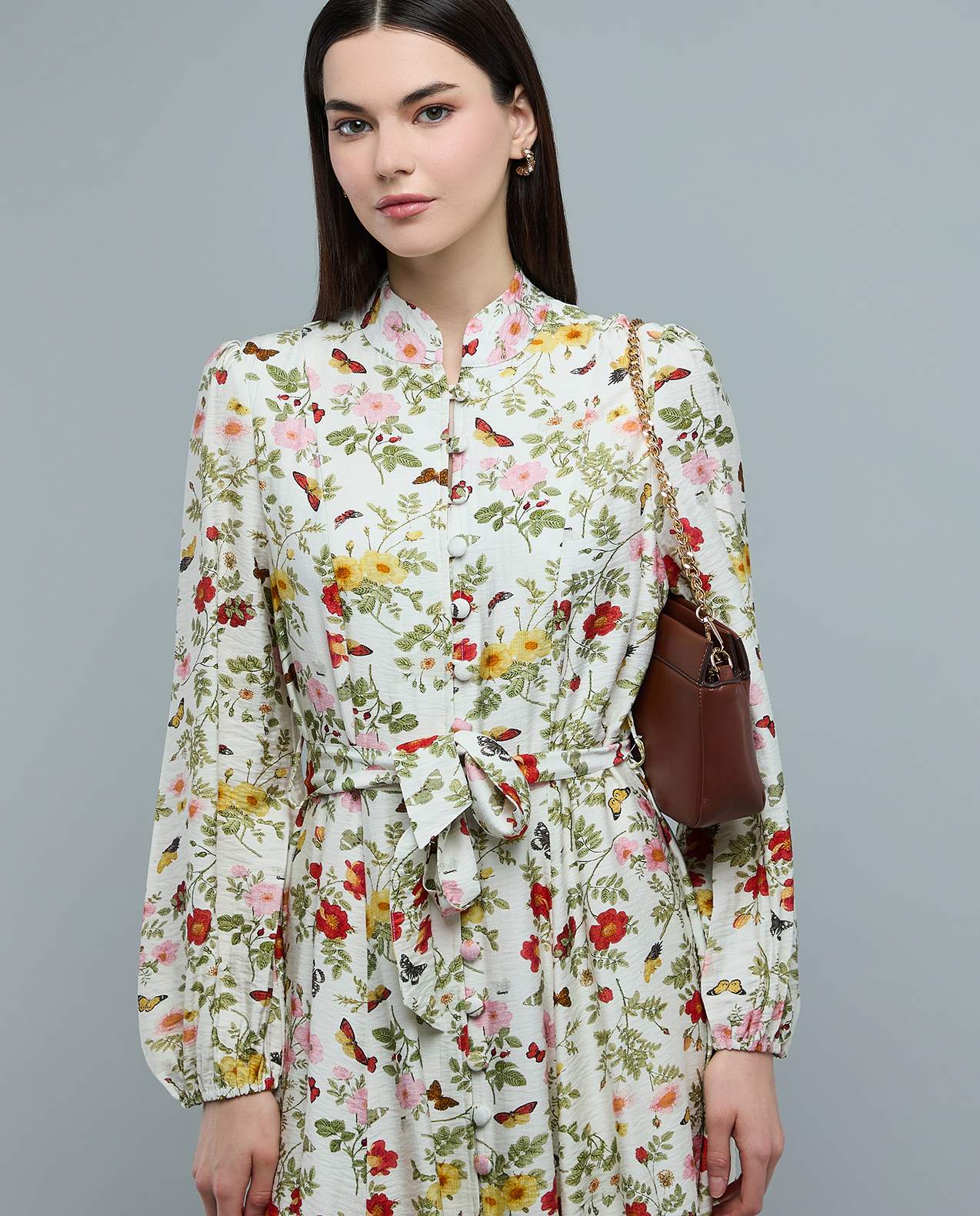 Floral Patterned Midi Dress with Stand Collar and Long Sleeves