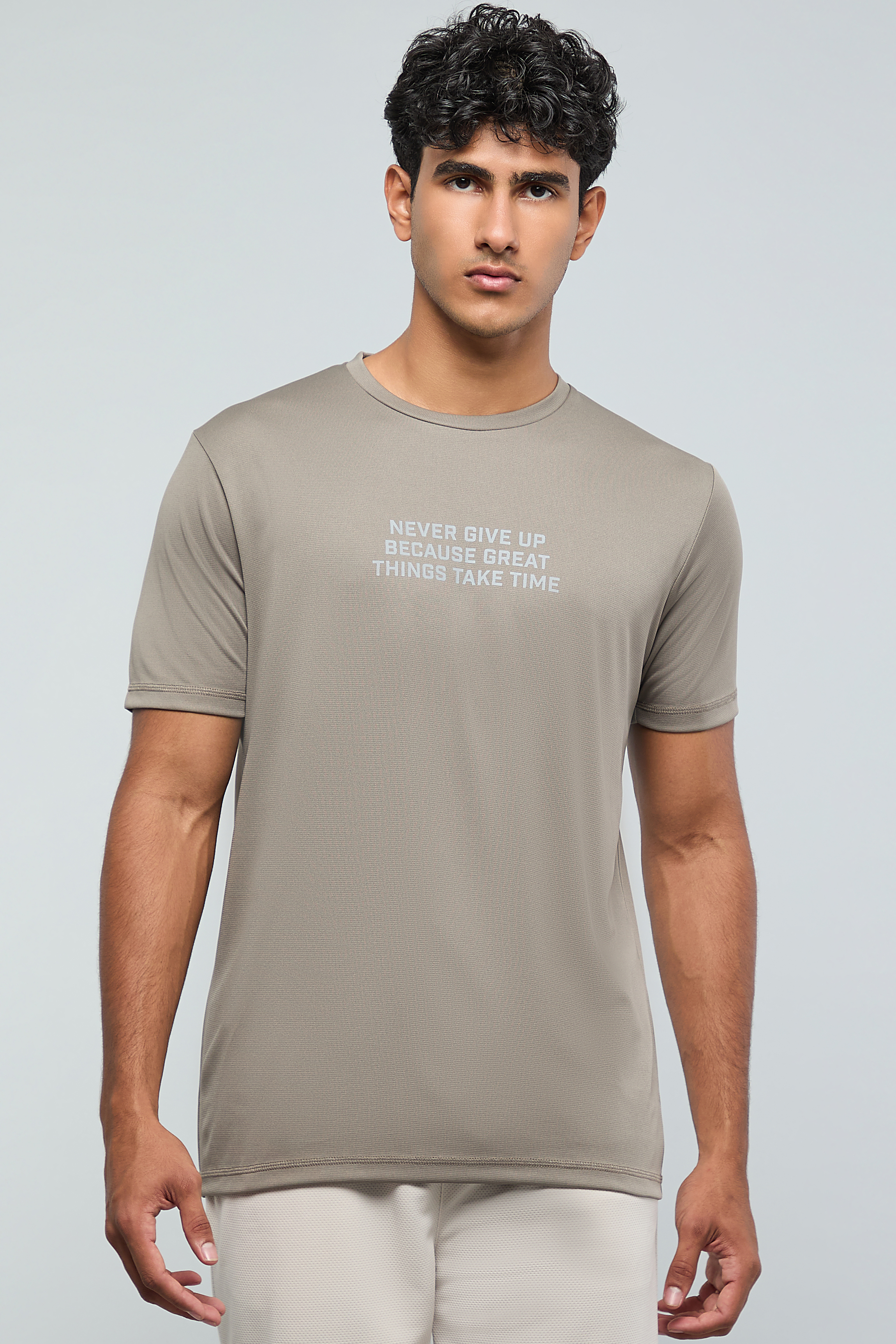 Typography Print Active T-Shirt with Crew Neck and Short Sleeves