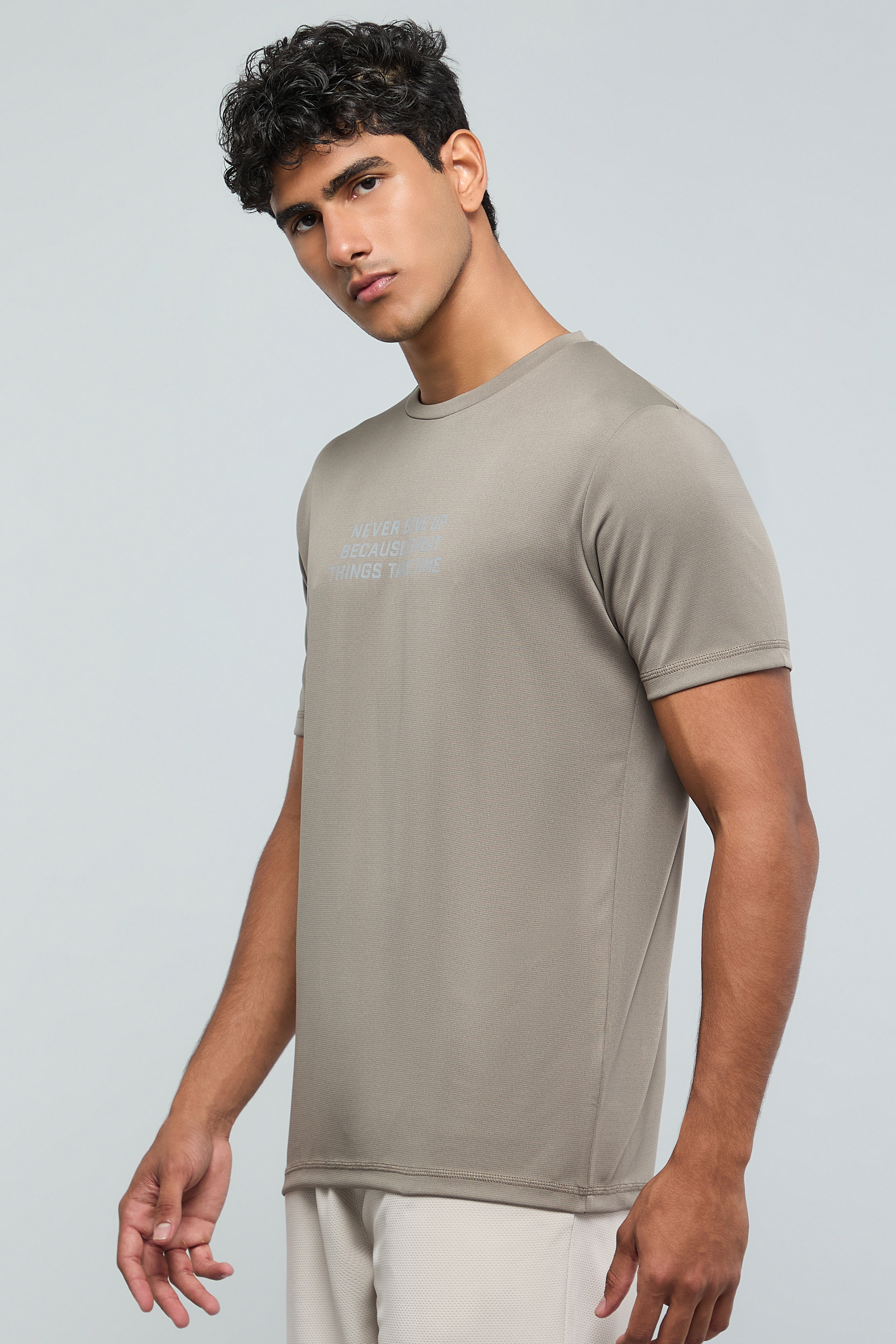 Typography Print Active T-Shirt with Crew Neck and Short Sleeves