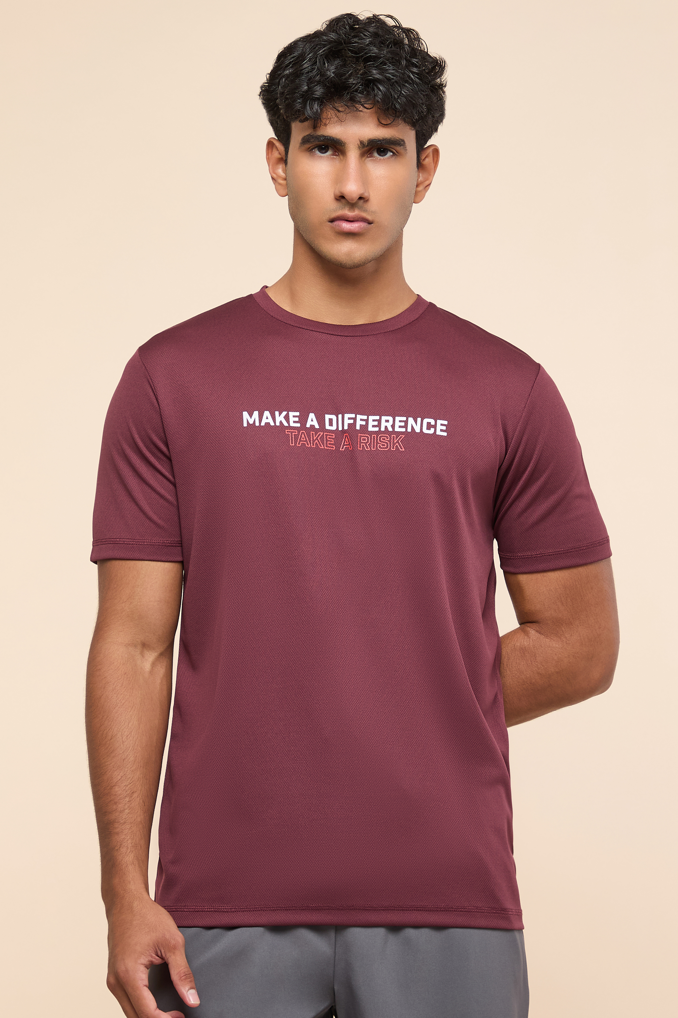 Typography Print Active T-Shirt with Crew Neck and Short Sleeves