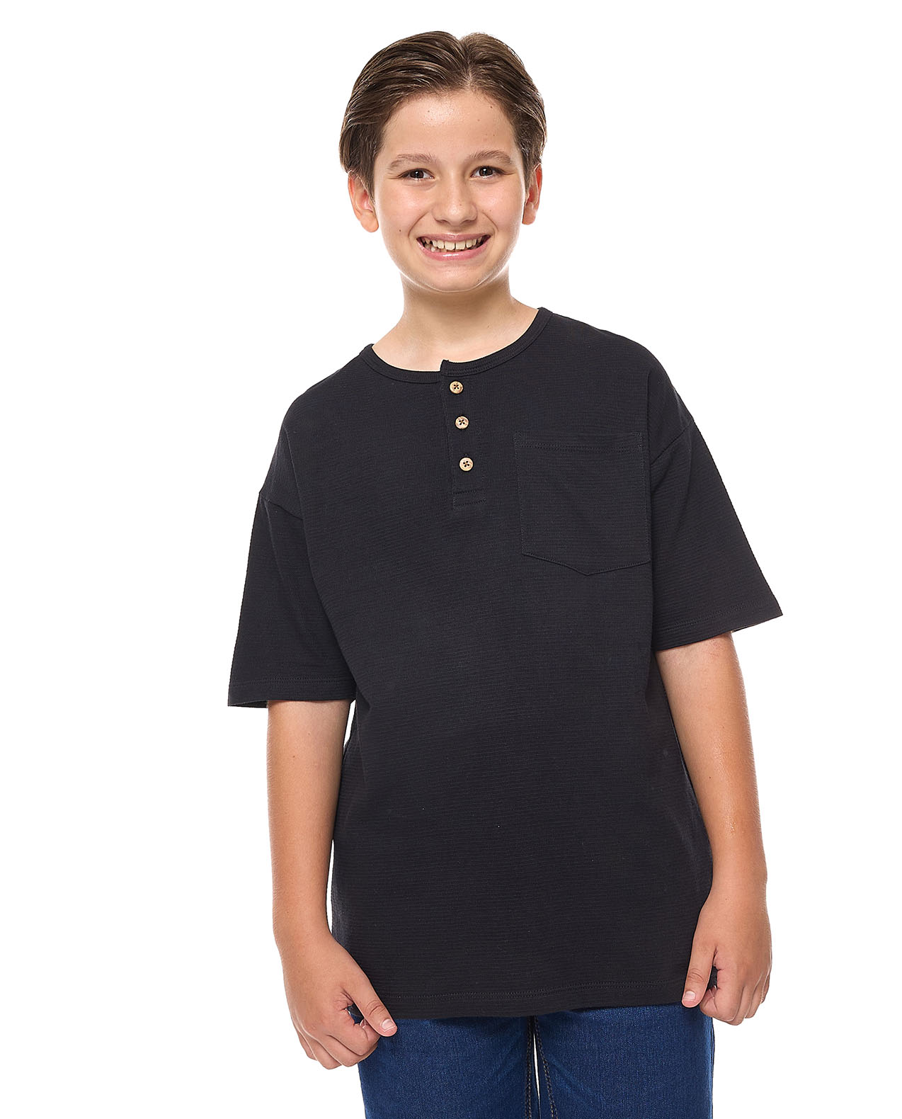 Pocket Detail Oversized T-Shirt with Henley Neck and Short Sleeves