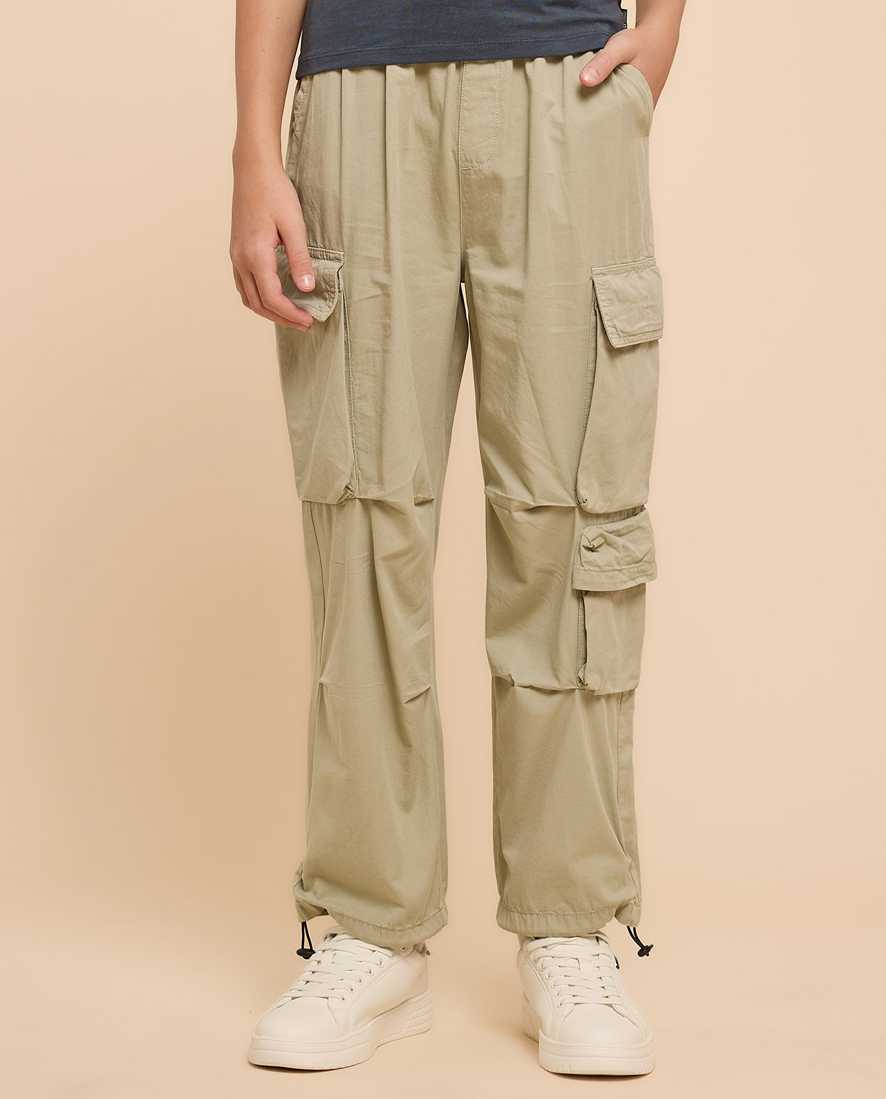 Solid Cargo Pants with Drawstring Waist