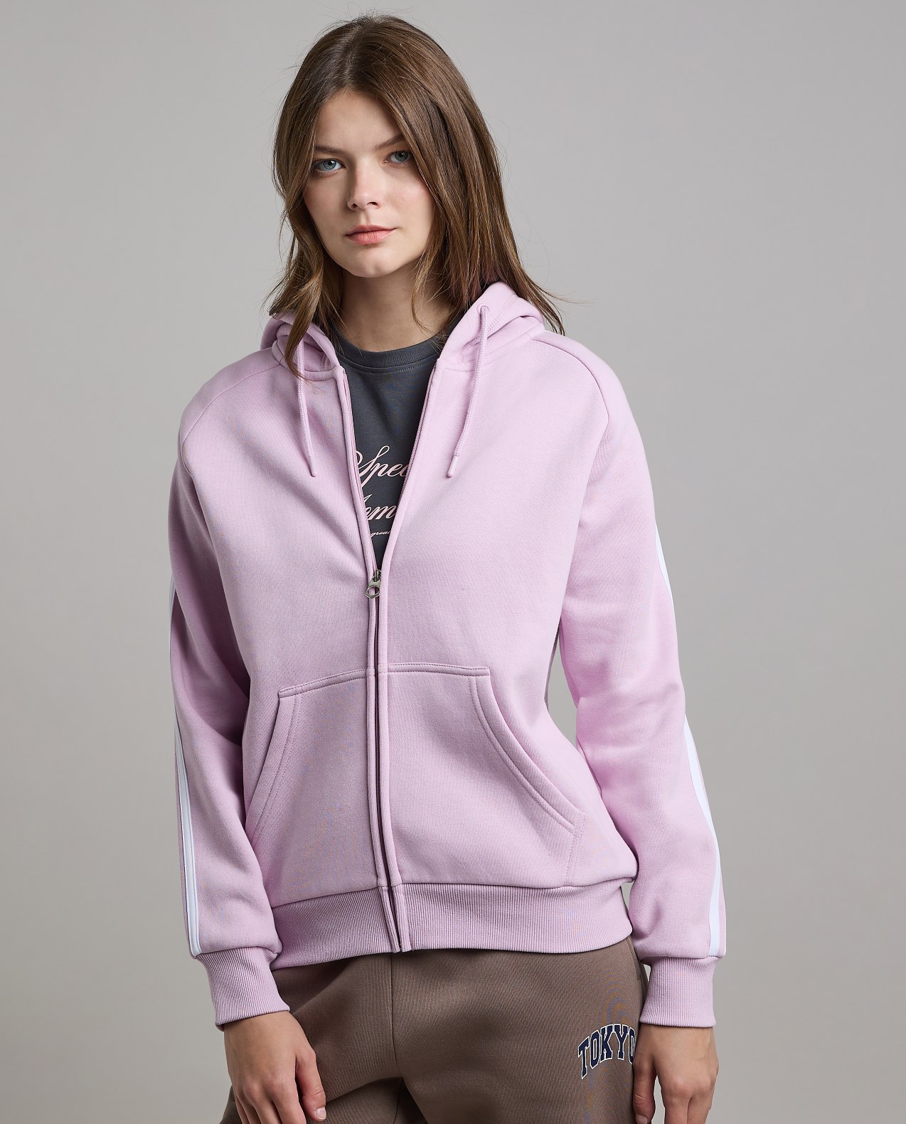 Stripe Detail Hooded Jacket with Zipper Closure