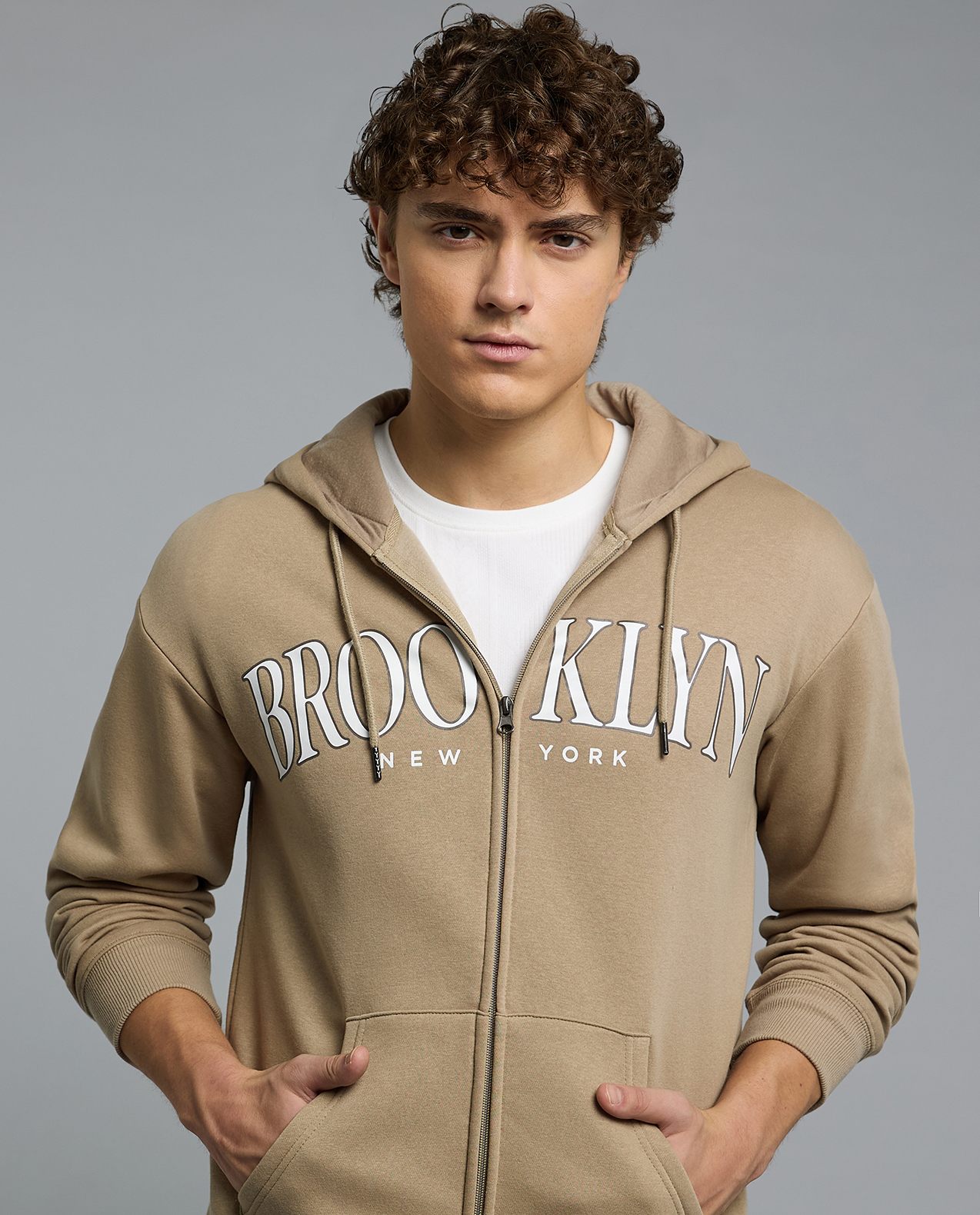 Typography Print Hooded Jacket with Zipper Closure