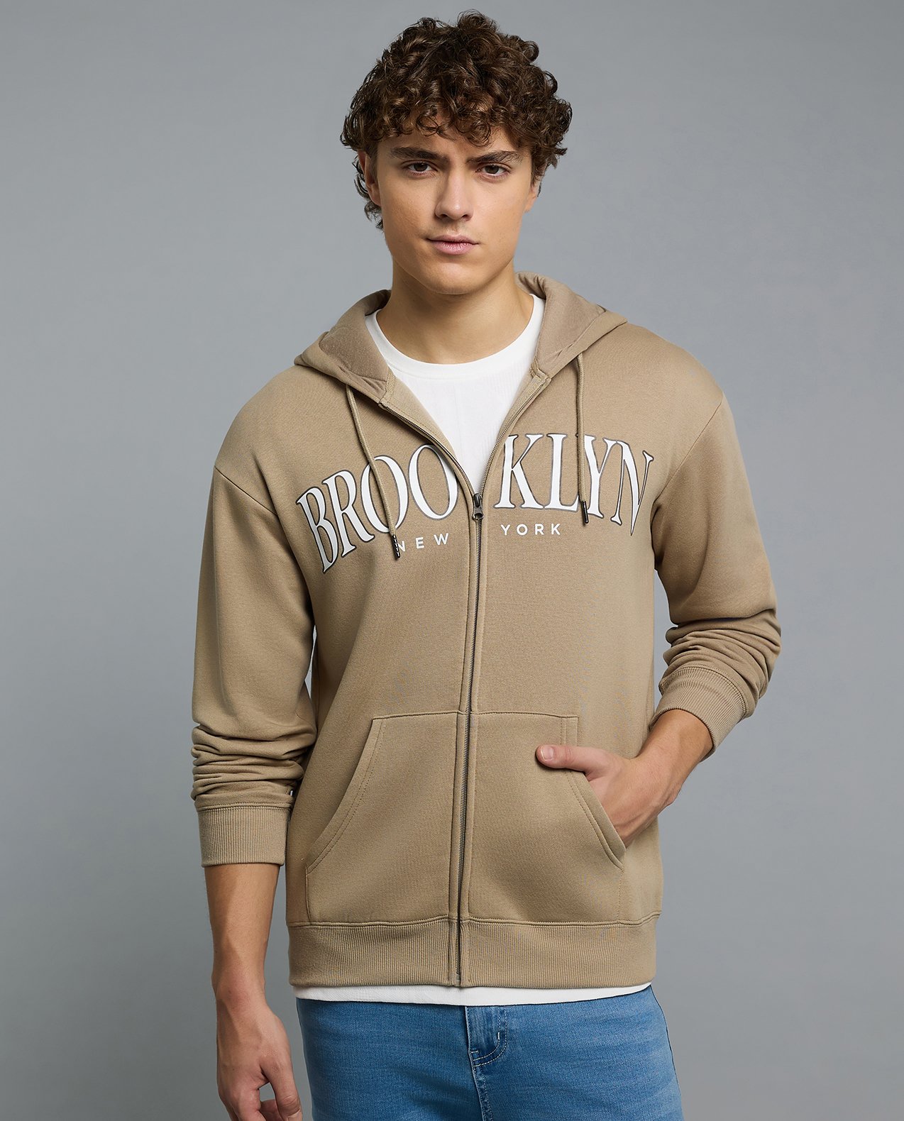 Typography Print Hooded Jacket with Zipper Closure