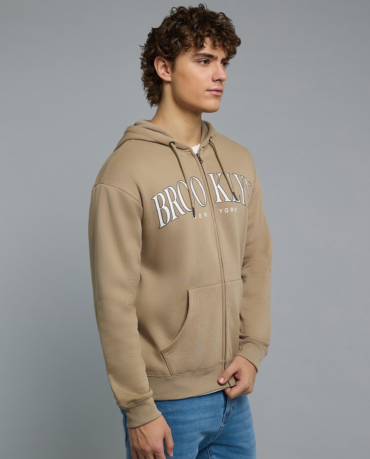 Typography Print Hooded Jacket with Zipper Closure
