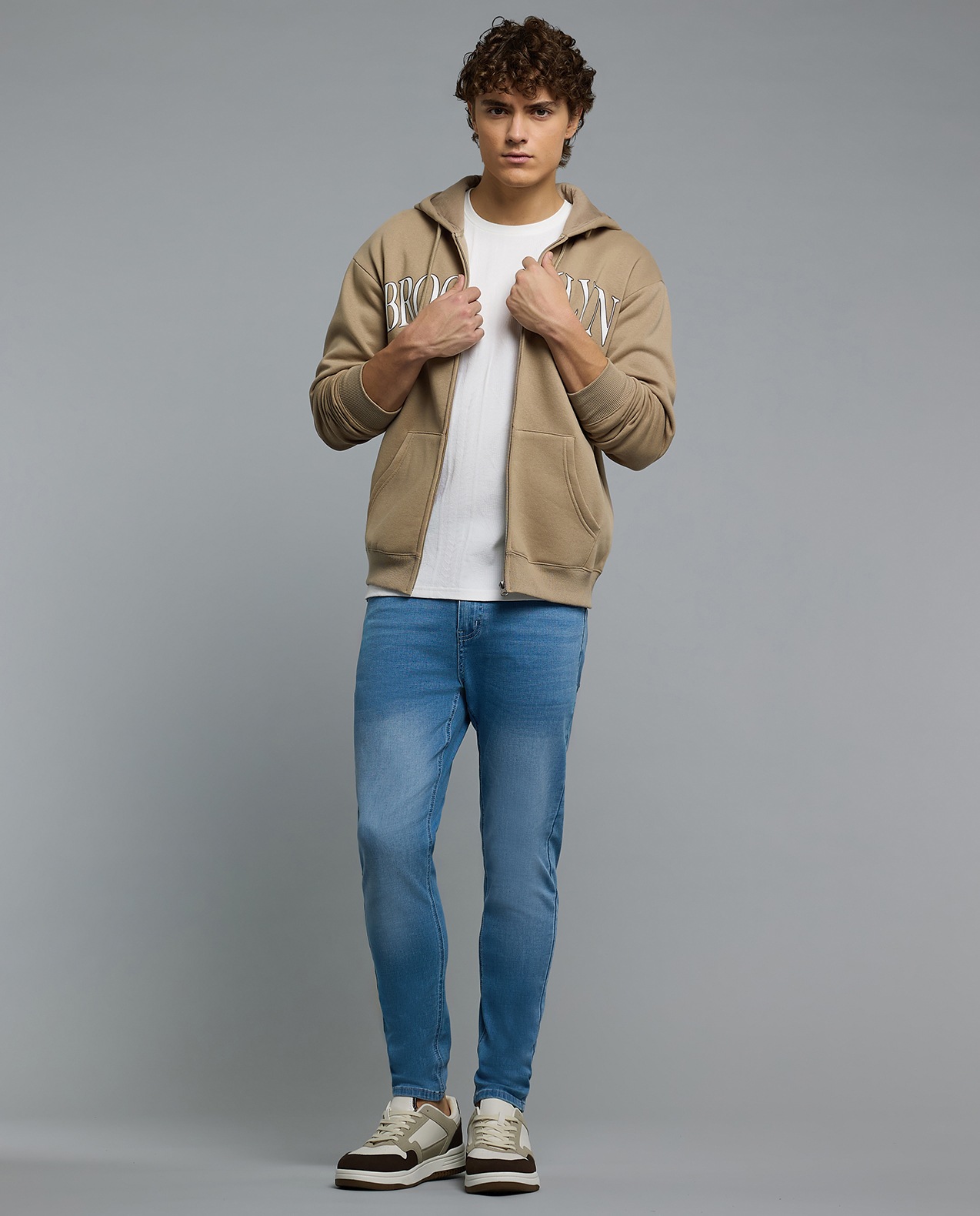 Typography Print Hooded Jacket with Zipper Closure
