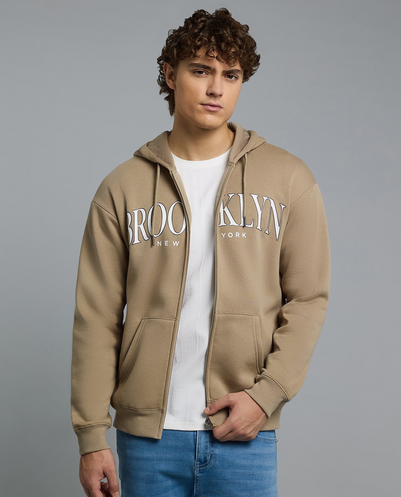 Typography Print Hooded Jacket with Zipper Closure