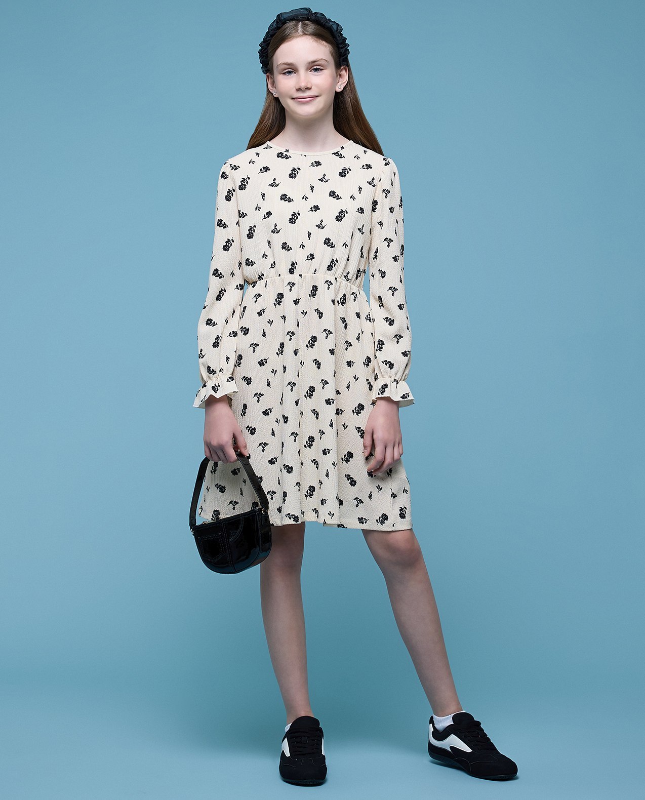 Printed A-Line Dress with Crew Neck and Long Sleeves