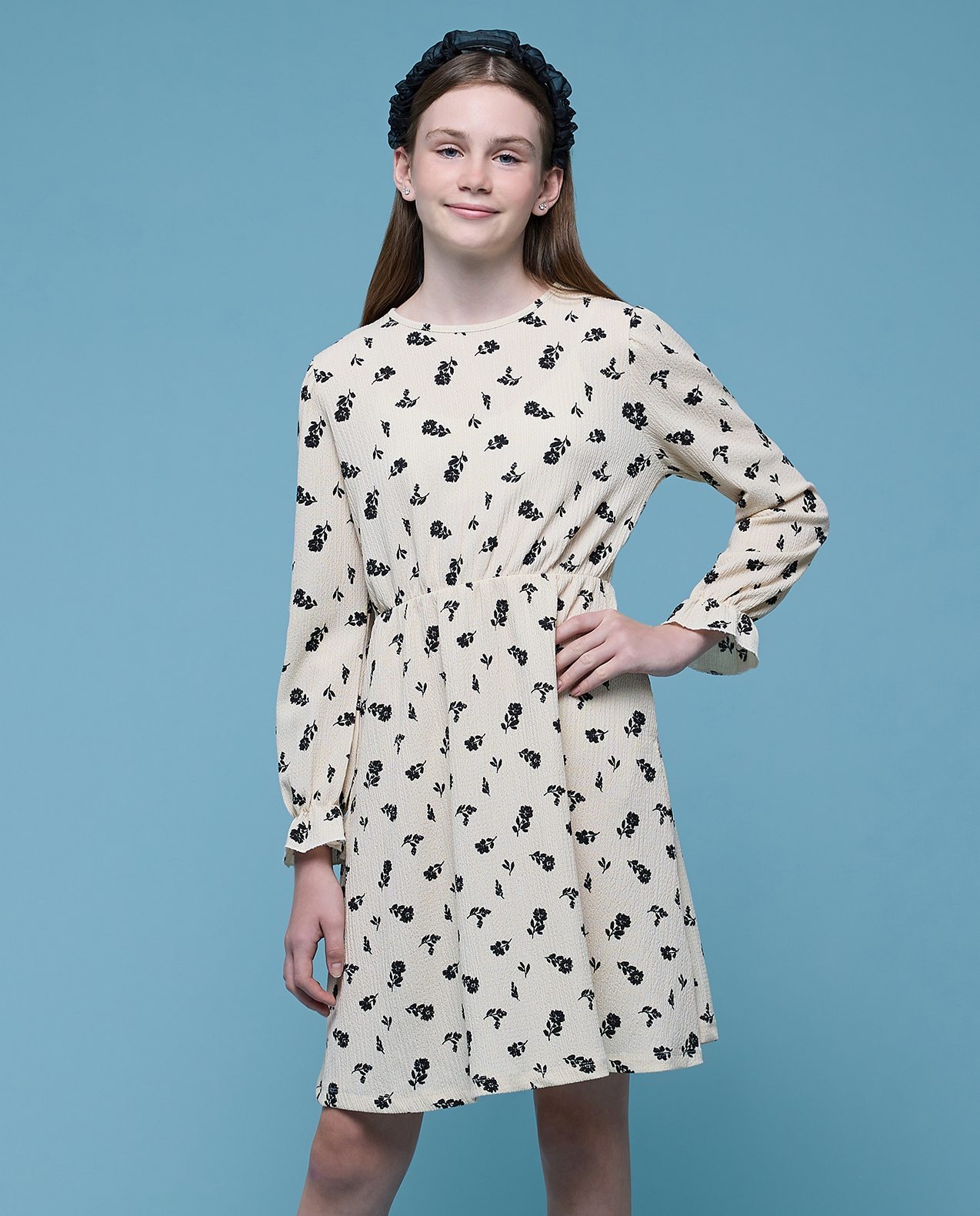Printed A-Line Dress with Crew Neck and Long Sleeves