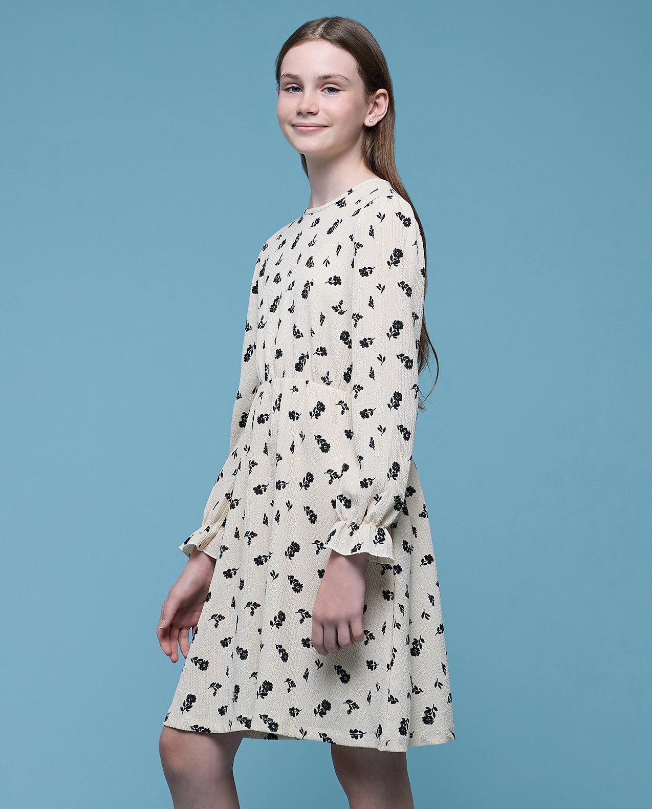 Printed A-Line Dress with Crew Neck and Long Sleeves
