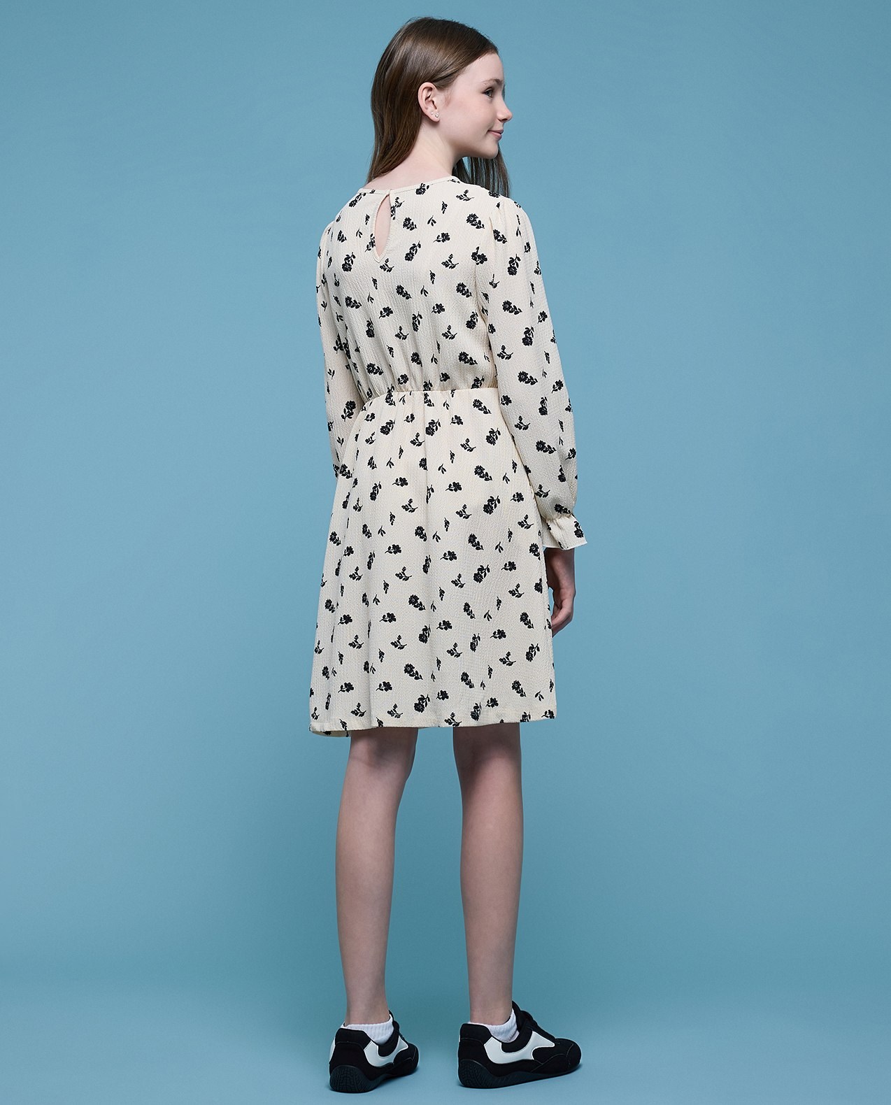 Printed A-Line Dress with Crew Neck and Long Sleeves