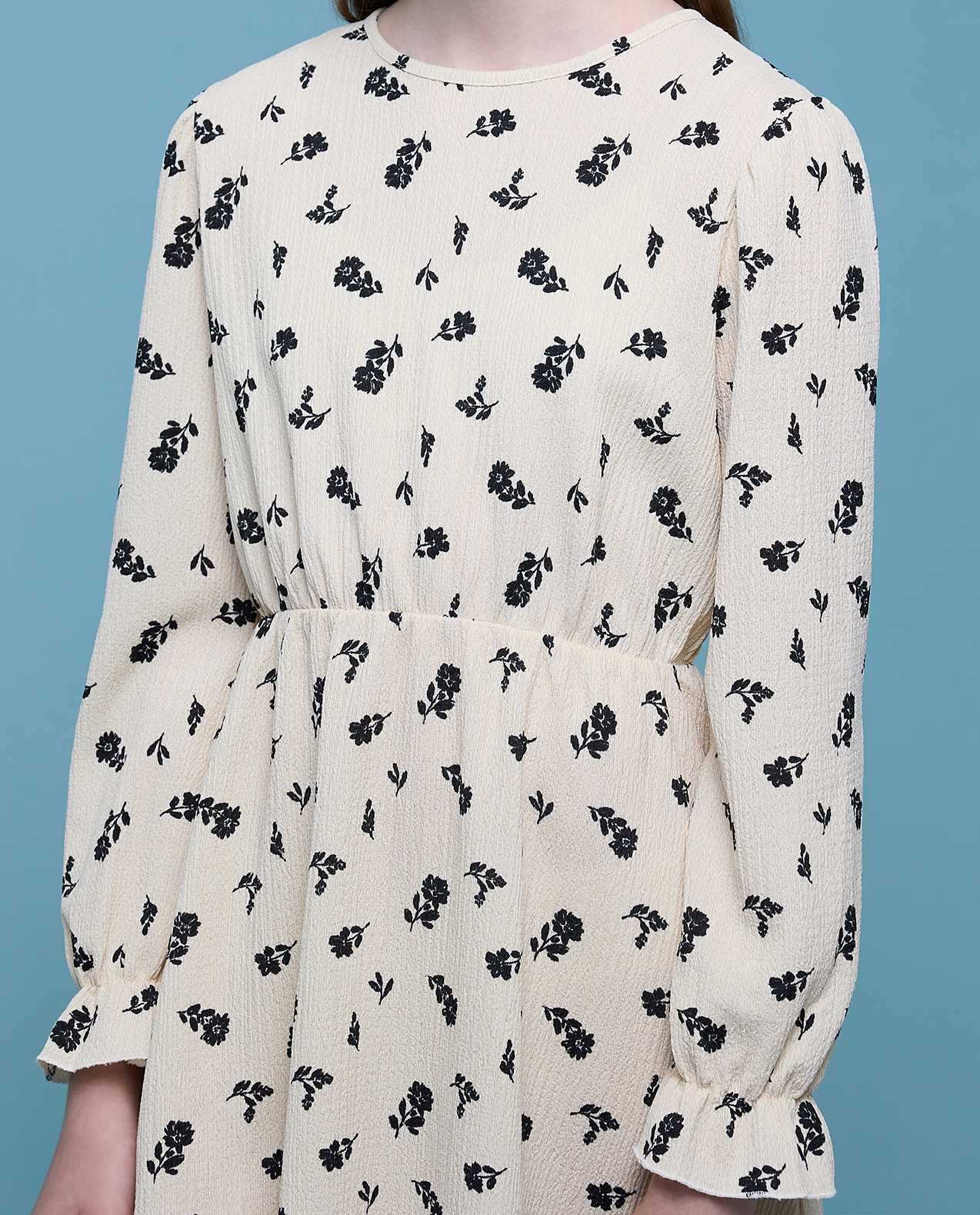 Printed A-Line Dress with Crew Neck and Long Sleeves