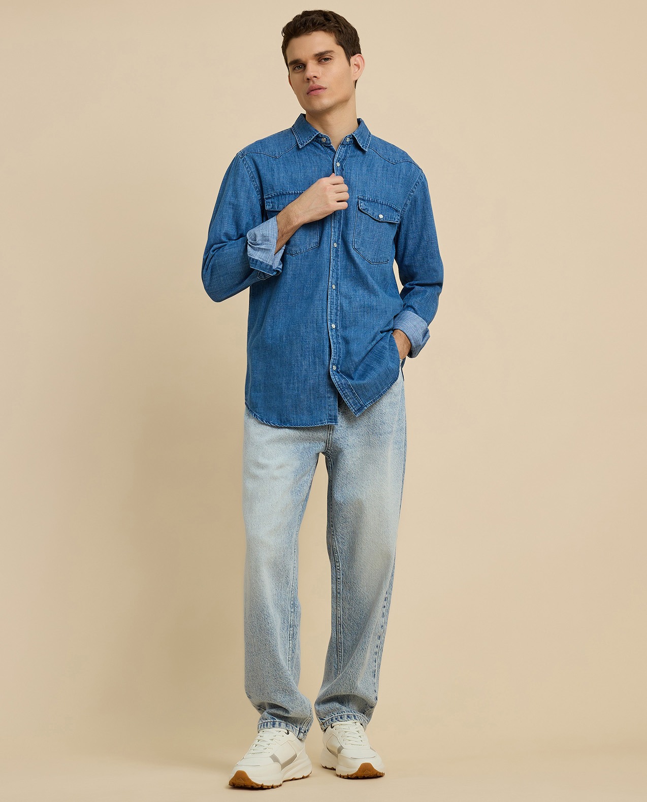 Faded Denim Shirt with Classic Collar and Long Sleeves