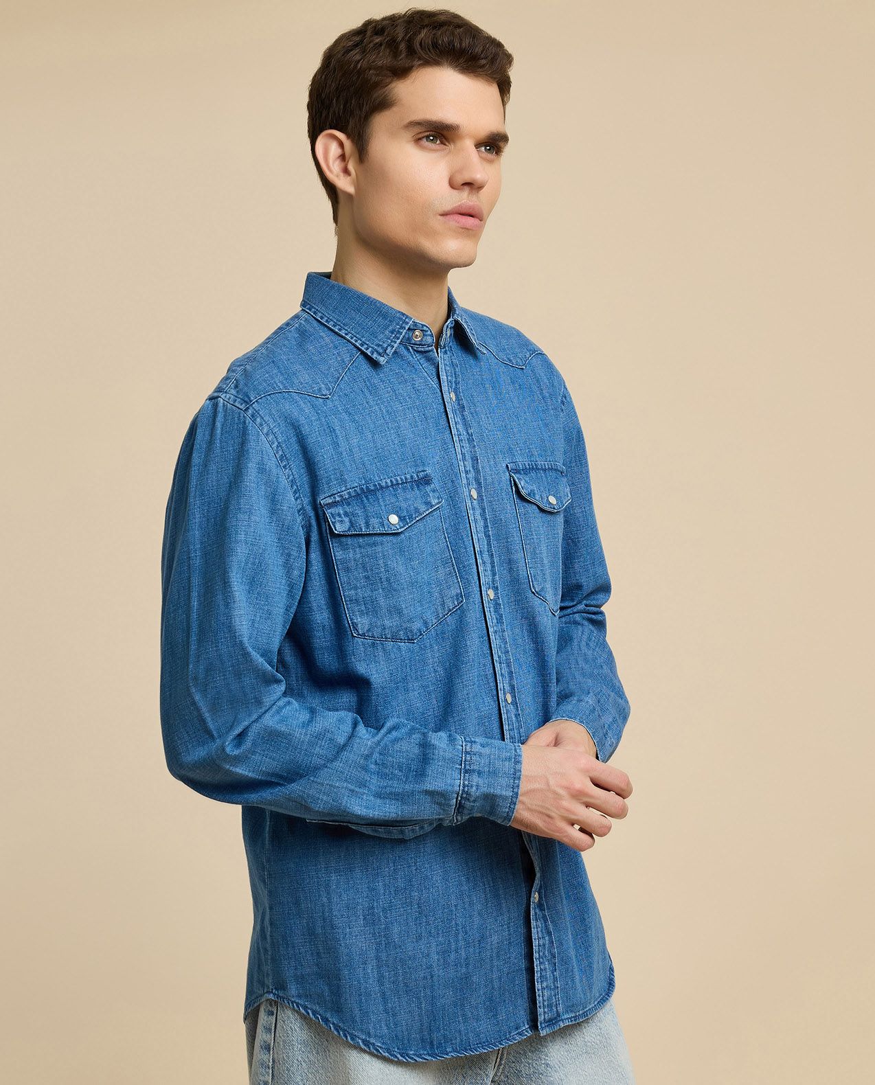 Faded Denim Shirt with Classic Collar and Long Sleeves