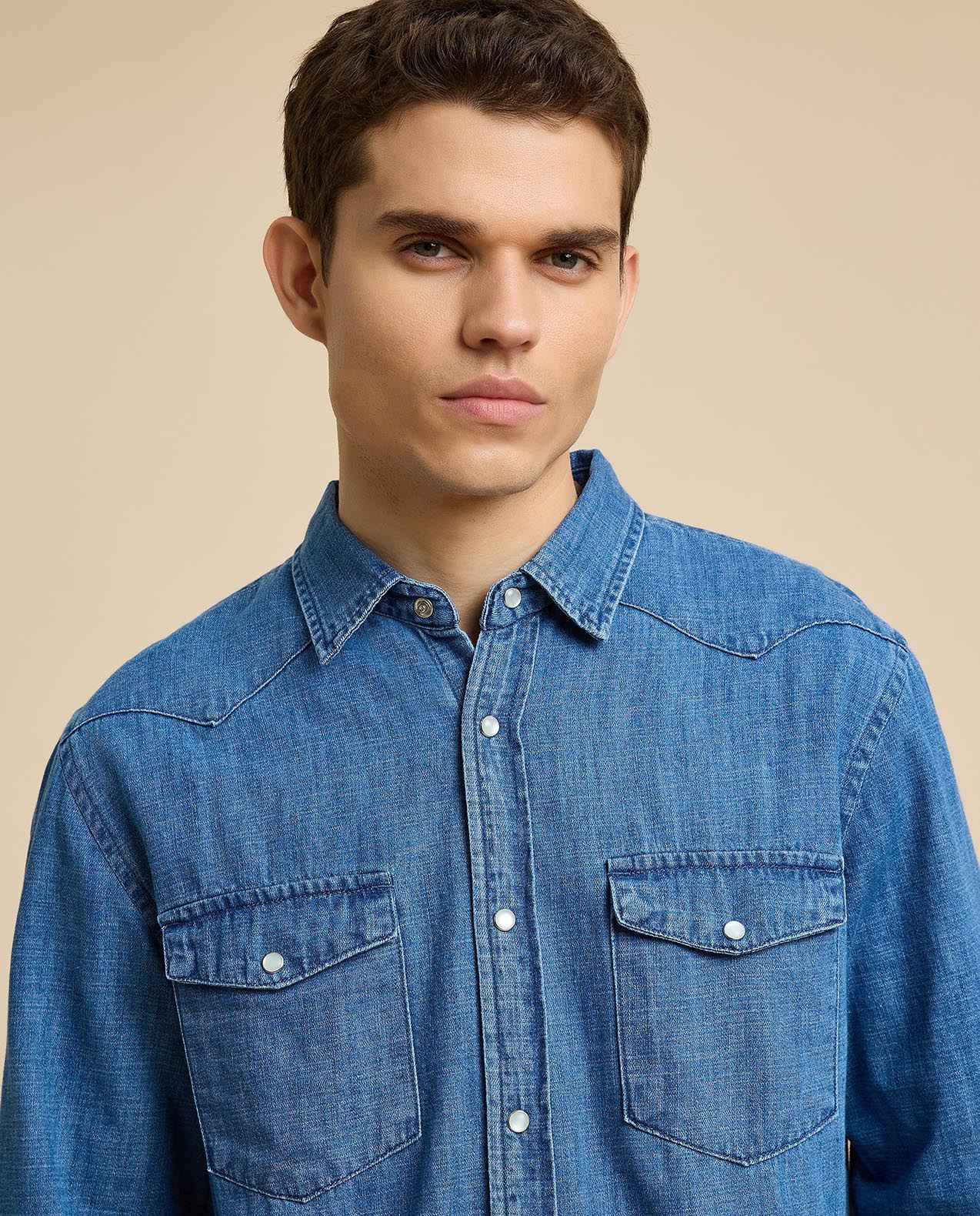 Faded Denim Shirt with Classic Collar and Long Sleeves