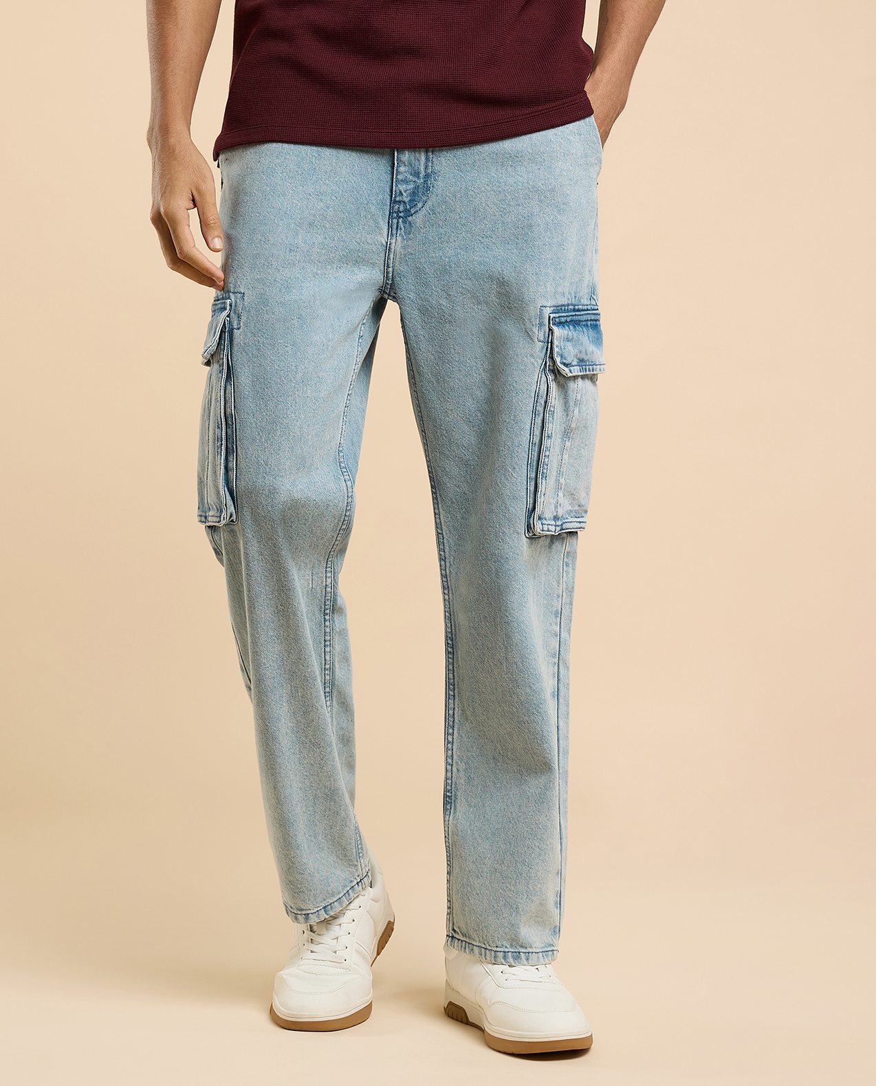 Solid Cargo Jeans with Button Closure