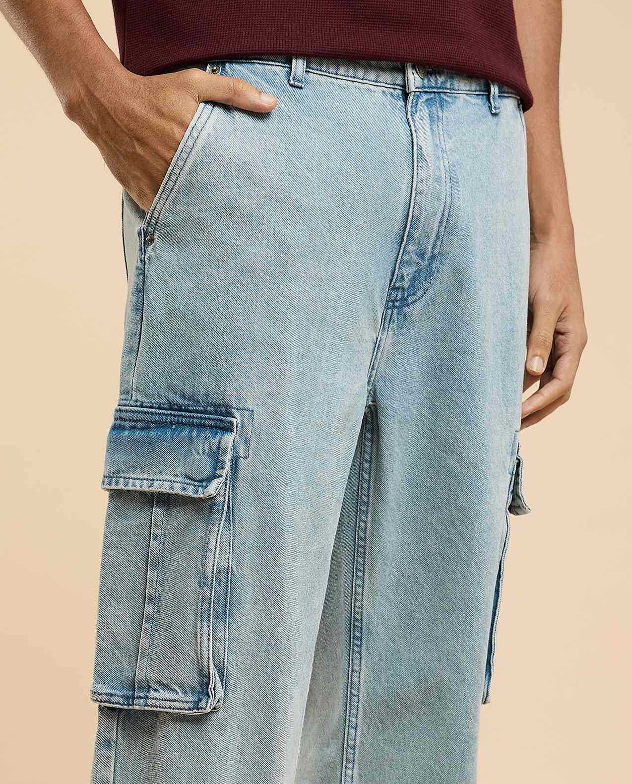 Solid Cargo Jeans with Button Closure