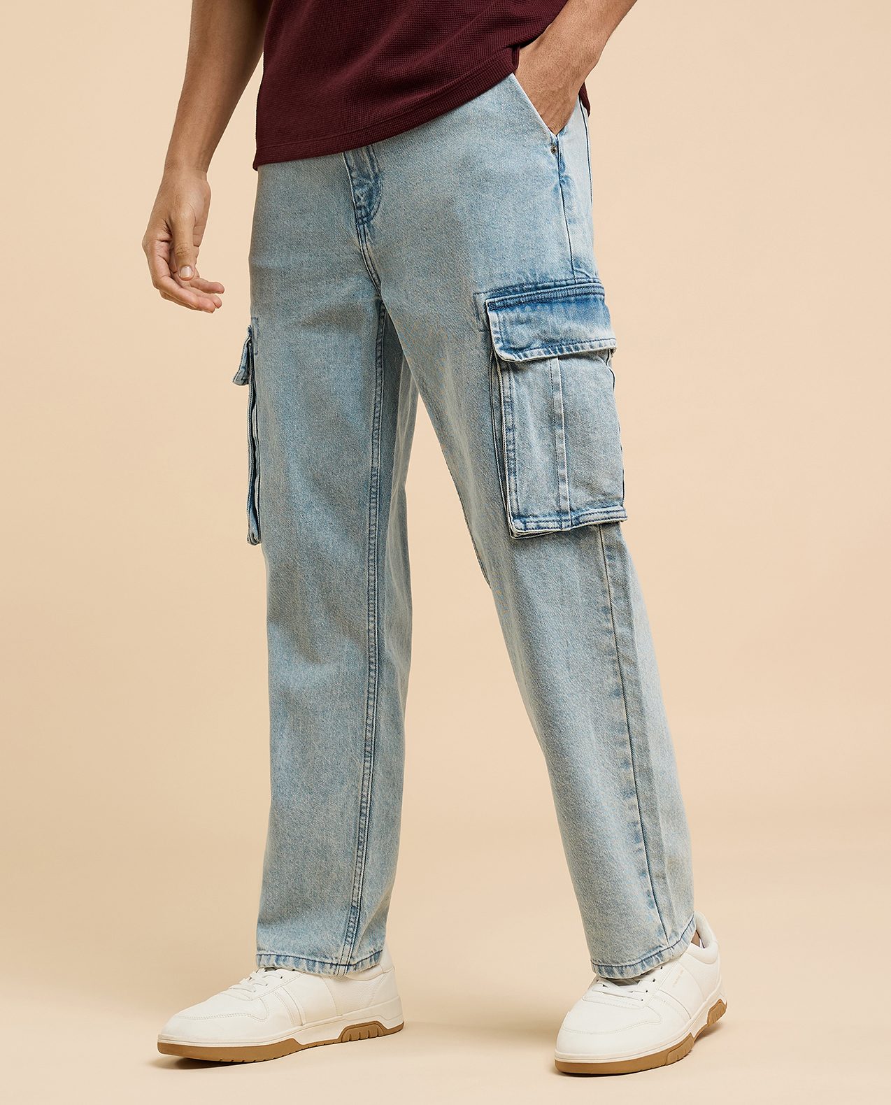 Solid Cargo Jeans with Button Closure