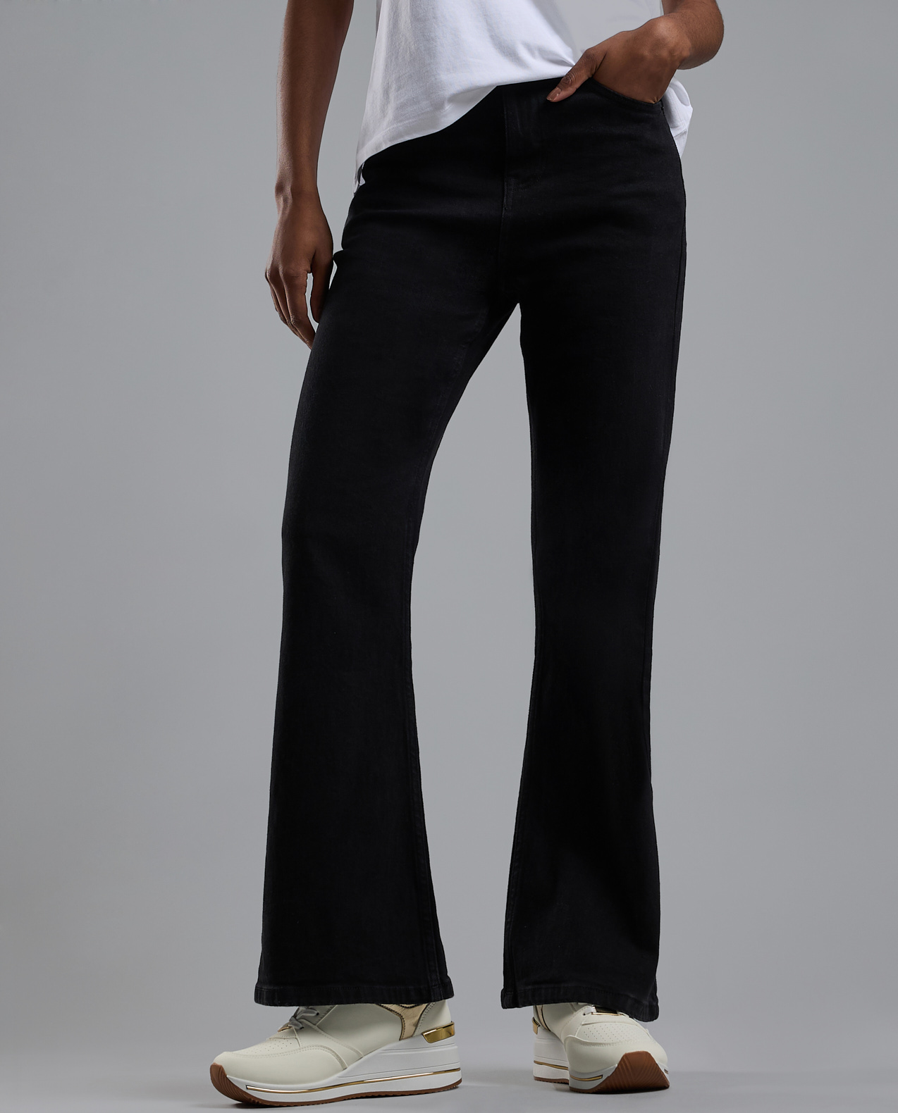 Washed Flared Jeans with Button Closure