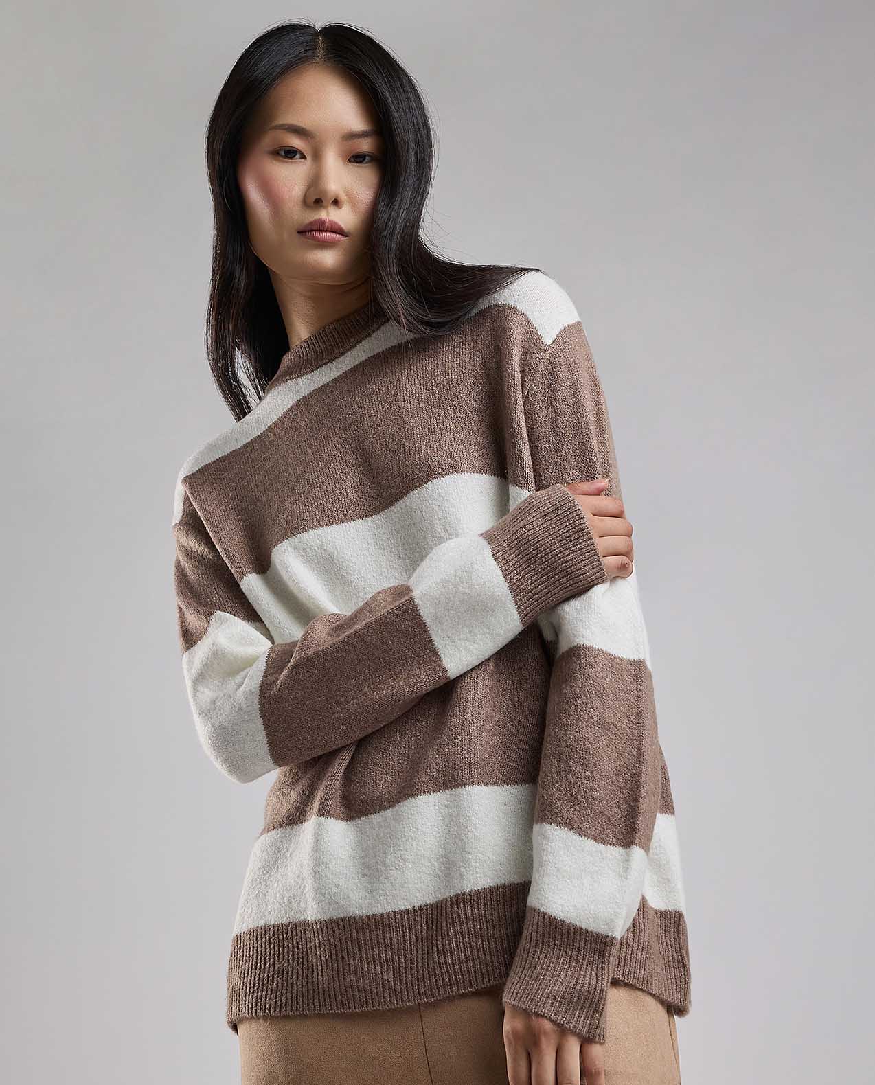 Striped Sweater Tunic with Crew Neck and Long Sleeves