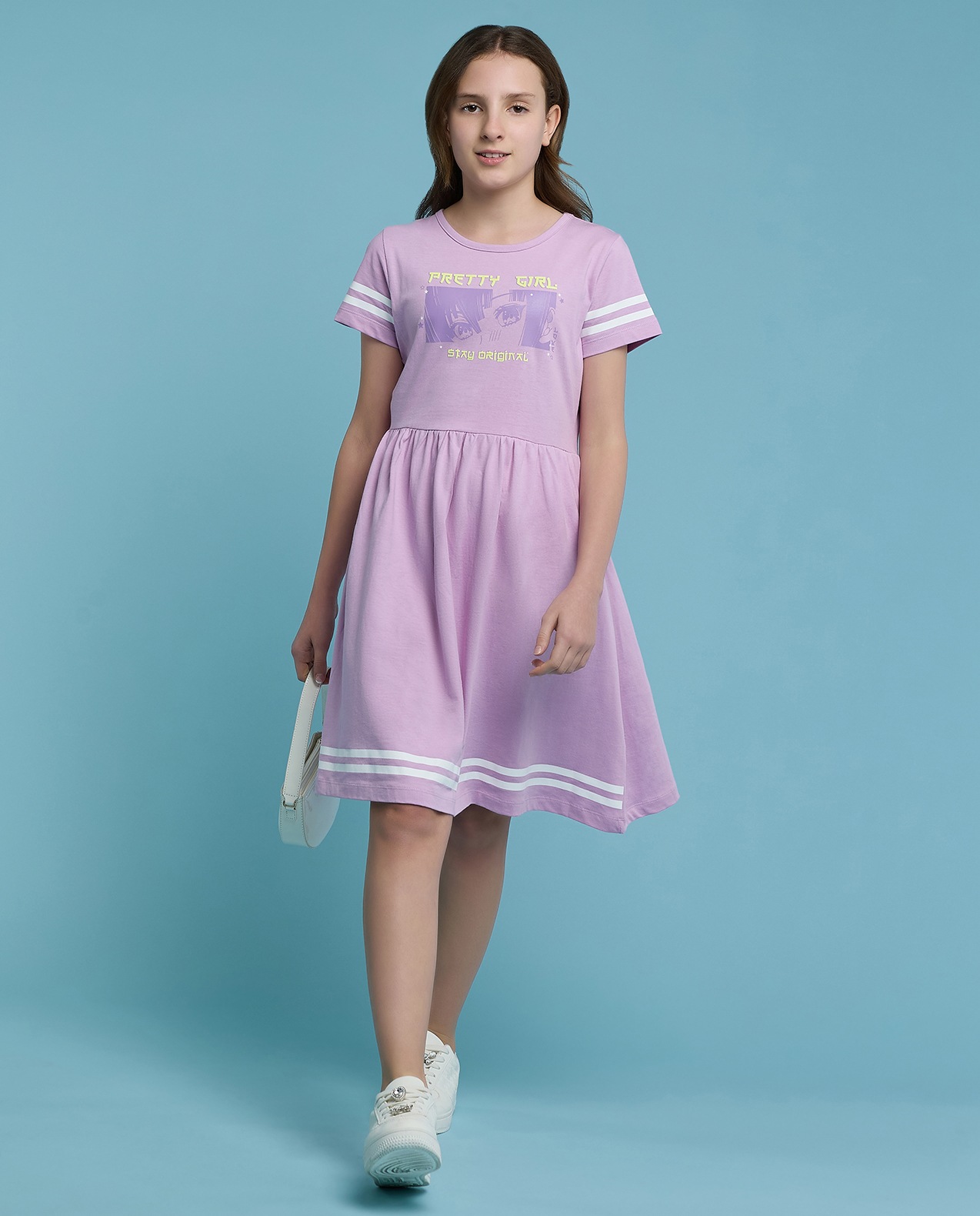 Printed Fit & Flare Dress with Crew Neck and Short Sleeves