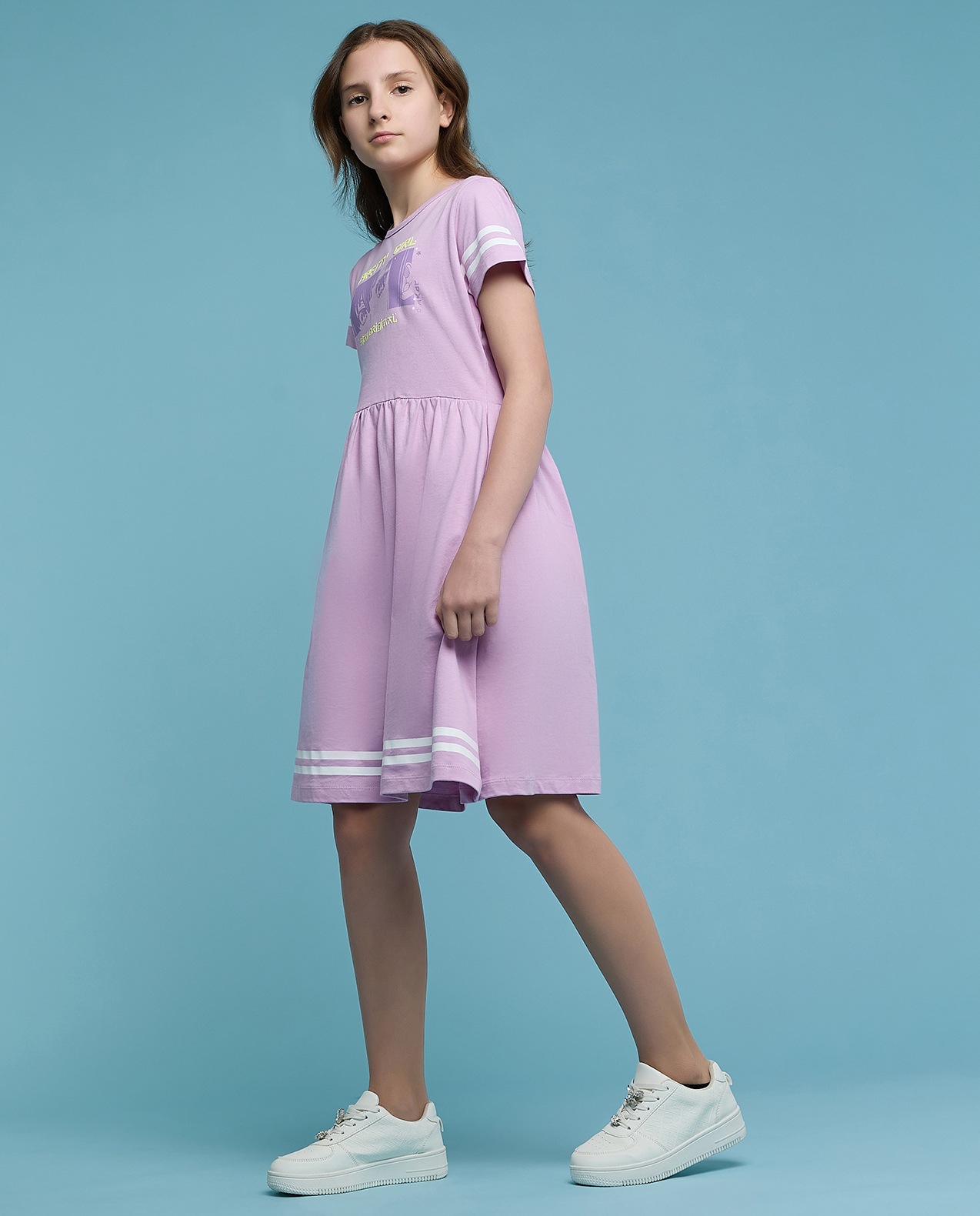 Printed Fit & Flare Dress with Crew Neck and Short Sleeves