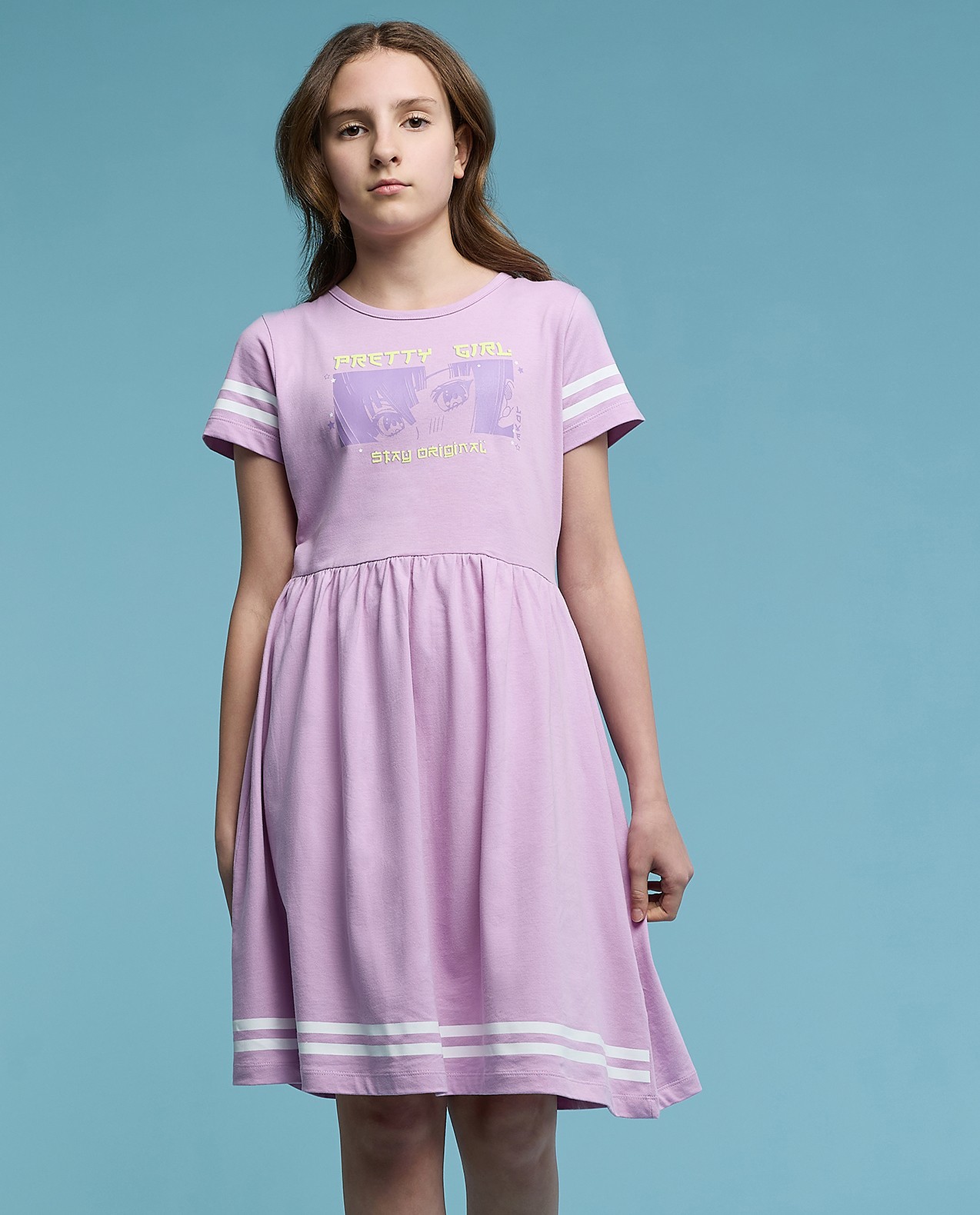 Printed Fit & Flare Dress with Crew Neck and Short Sleeves